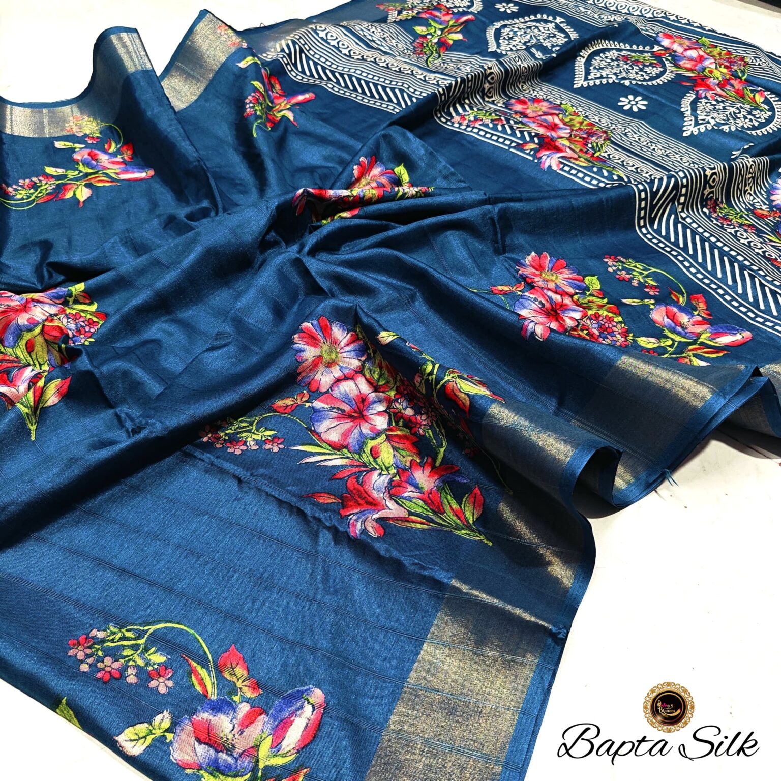 Handcrafted Steel Blue Pure Bapta Silk Saree with Floral Digital Print & Ethnic Designer Pallu | Premium Soft Silk Saree with Blouse Piece