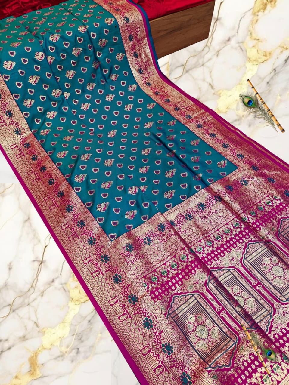 Handcrafted Teal Blue & Magenta Puri Gazzi Satin Saree with Zari Weaving & Blouse Piece