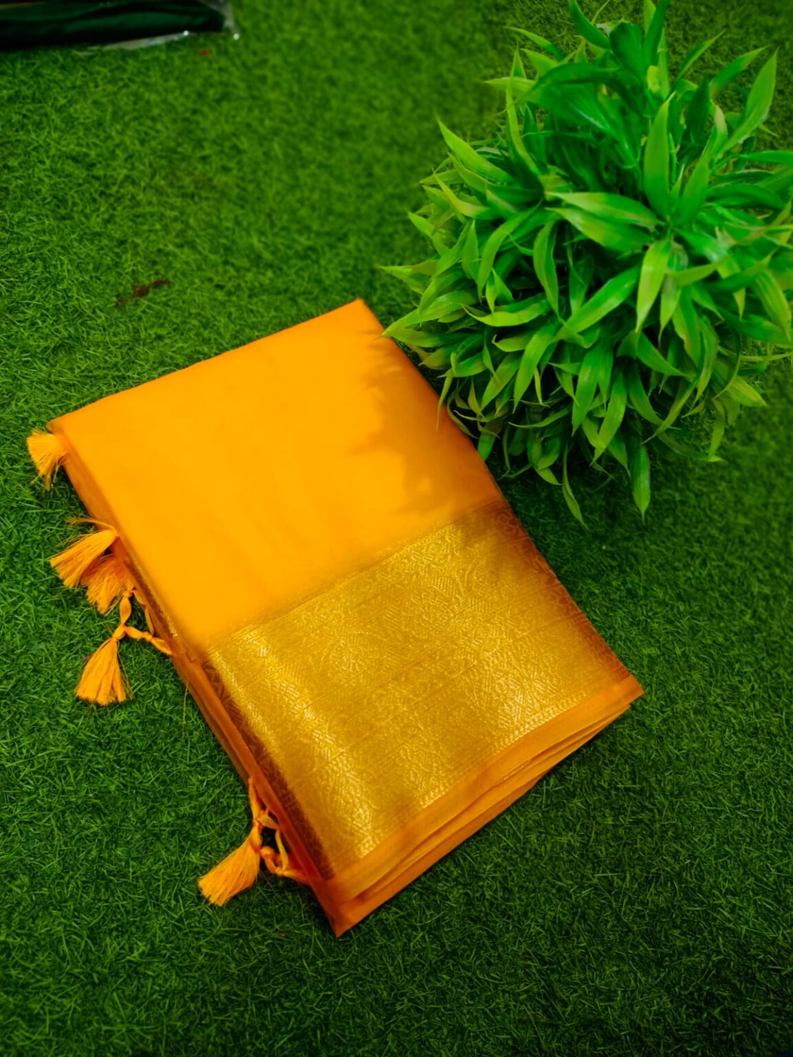 Handcrafted Vibrant Yellow Maslin Organza Saree with Golden Zari Edging & Matching Blouse Piece
