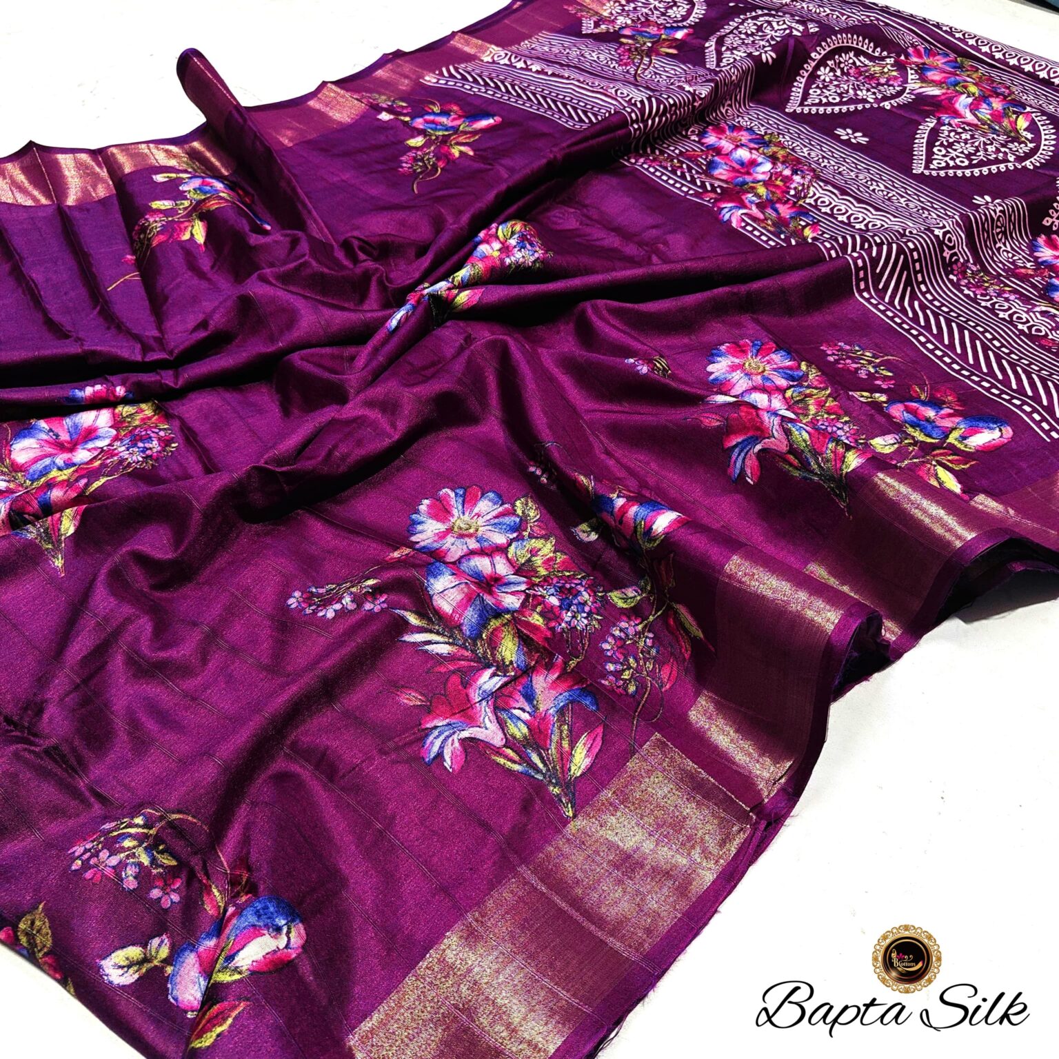 Handcrafted Wine Purple Pure Bapta Silk Saree with Floral Digital Print & Designer Pallu | Premium Soft Silk Saree with Blouse Piece