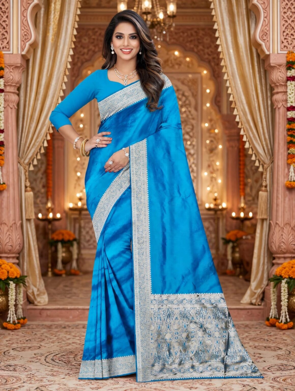 Handcrafted Dual-Tone Blue Gajra Silk Saree with Elegant Silver Zari Border & Blouse Piece