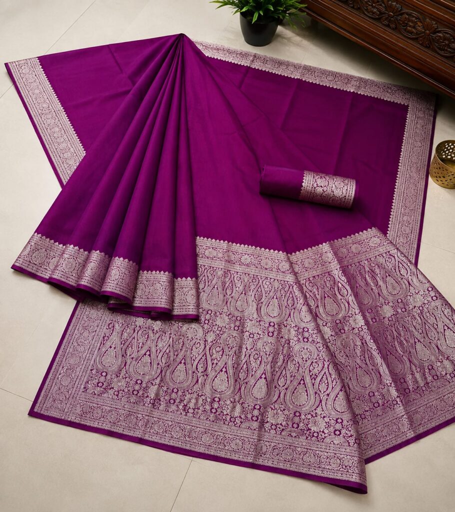 Handcrafted Super Soft Gajra Silk Saree in Royal Purple with Intricate Paisley Pallu & Blouse Piece