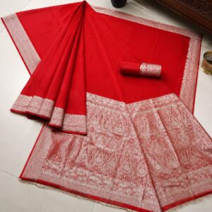 Handcrafted Super Soft Gajra Silk Saree in Vibrant Red with Intricate Paisley Zari Border & Blouse Piece