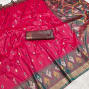 Handwoven Ikat Pochampally Silk Saree in Hot Pink with Multicolor Pallu & Dark Brown Blouse