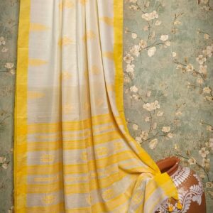 Handwoven Mercerised Cotton Saree – Cream with Radiant Yellow Border & Intricate Woven Motifs (Blouse Piece Included)