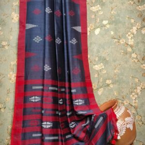 Handwoven Mercerised Cotton Saree – Deep Blue with Striking Red Border & Pallu (With Blouse Piece)  Handwoven Mercerised Cotton Saree – Deep Blue with Striking Red Border & Pallu (With Blouse Piece)