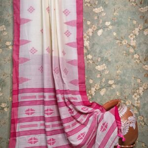 Handwoven Mercerised Cotton Saree – Soft Cream with Vibrant Bright Pink Border & Woven Motifs (With Blouse Piece)