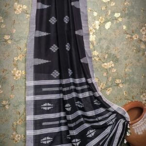 Handwoven Premium Mercerised Cotton Saree – Black Base with White & Grey Accents (With Blouse Piece)
