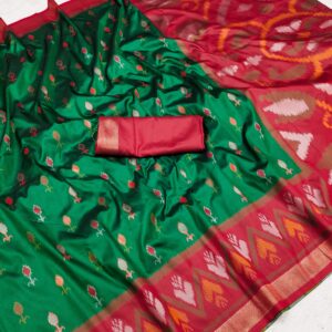 Handwoven Pure Ikat Pochampally Silk Saree in Bottle Green with Red Ikat Pallu & Blouse Piece