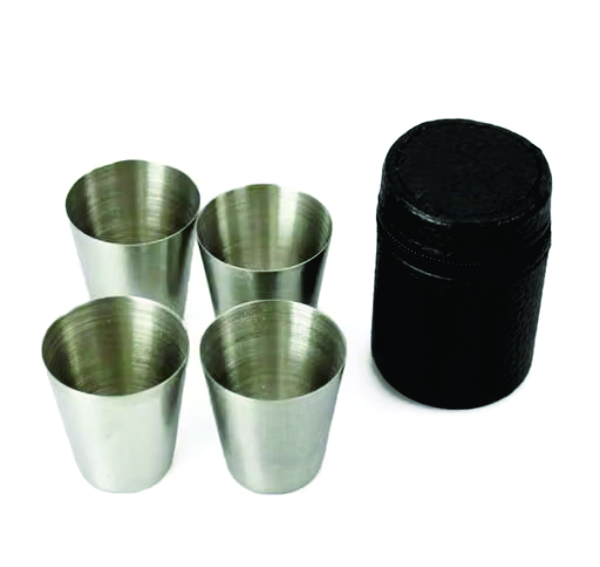 Set of 4 Stainless Steel Shot Cups Drinking Vessel with Black Leather Carrying Case (30ml)