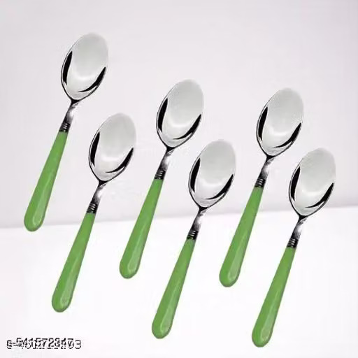 Set of - 6 Half Plastic & Half Stainless Steel Dinner Spoons with Round Edge,