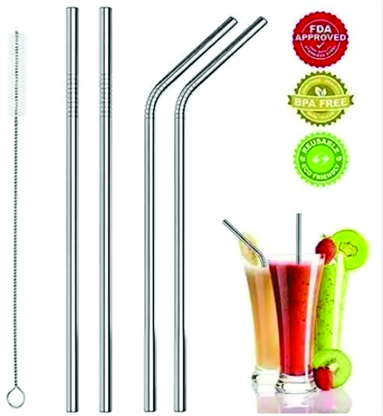 Set of steel straw- Stainless Steel Straws with Cleaning Brush for Kids & Adults, Bent Reusable Metal Straws, Paper Packaging Cutlery (Pack of 2 Straight & 2 Bent Reusable Metal Straws, Silver)