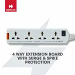 Havells 4 Way Extension Board With Surge & Spike Protection|For Power Requirements up to 1440W |1.5 Mtr High Quality