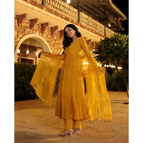 AACHHO-Shimmering Mustard Sequin Georgette Suit Set