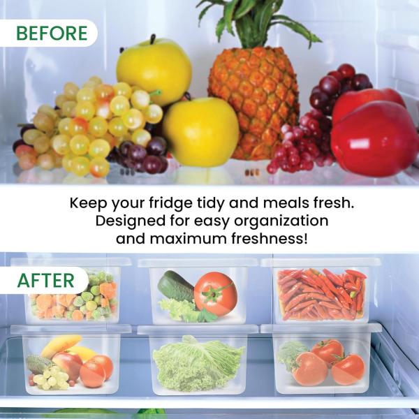 MILTON-Cryo Fridge Storage Boxes Set of 6 Fridge Organizer Container with Waterproof Vinyl Stickers & Removable Drain Plate, Lid, Stackable Box, Plastic Containers 1500 ml, Transparent
