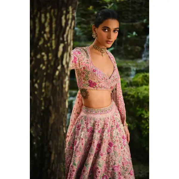 Anita Dongre-Florarose Embroidered Silk Lehenga Set - Blush