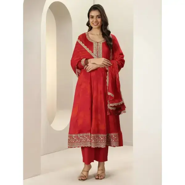 Libas-Orange Printed Silk Blend Anarkali Suit Sets With Dupatta