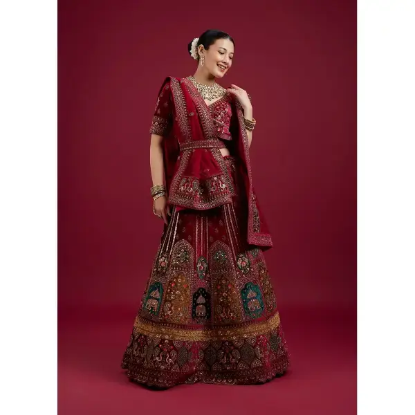 Manyavar-Maroon Floral Aari Embroidered Bridal Lehenga