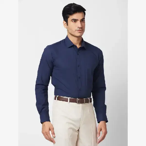 Raymond-Park Avenue Blue Solid Slim Fit Cotton Blend Formal Shirt