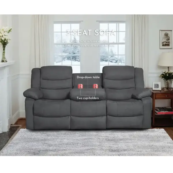 Overstock-Modern 3-Piece Manual Reclining Living Room Sofa Set with Dropdown Table and Console