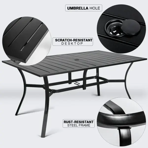 Overstock-60" x 37" Outdoor Patio Rectangular Metal Slatted Dining Table with Umbrella Hole for 6 Person