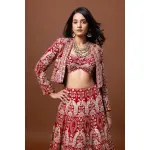 SEASONS-RED CLASSIC BRIDAL LEHENGA SET WITH ALL OVER PATTERNED THREAD WORK PAIRED WITH A MATCHING CROPPED JACKET AND SEQUIN DETAILS.