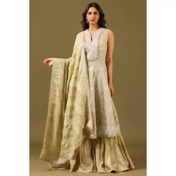 seasons-MUSTARD LIME GREEN SHARARA PANT SET AND A LONG KURTA TOP WITH ALL OVER PATTERNED EMBROIDERY PAIRED WITH A MATCHING DUPATTA AND CRYSTAL EMBELLISHMENTS.