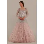 SEASONS-BABY PINK SHIMMERY TULLE GOWN WITH ILLUSION NECKLINE AND SILVER STONE AND MIRROR EMBELLISHMENTS