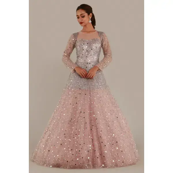 SEASONS-BABY PINK SHIMMERY TULLE GOWN WITH ILLUSION NECKLINE AND SILVER STONE AND MIRROR EMBELLISHMENTS