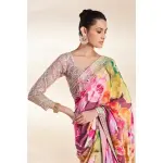 Seasons-Wine Purple Multi Coloured Printed Classic Saree Set Paired With A Zari Embroidered Pink Blouse And Border With Silver And Sequinned Embellishments.