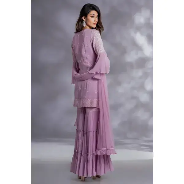 SEASONS-PINKISH PURPLE TIERED SHARARA SET WITH A CHIKAN KURTA TOP WITH BELL SLEEVES PAIRED WITH A MATCHING DUPATTA