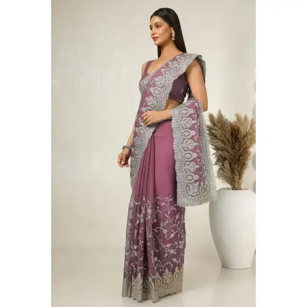 Soch-Onion Pink Chiffon Embroidered Saree With Beads And Stones