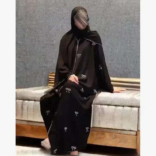 (WITHOUT HIJAB) Latest Dubai Style Pink Bow Tie Abaya with Elegant Embroidery – Modest & Trendy