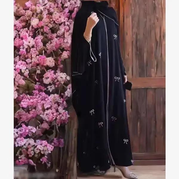 (WITHOUT HIJAB) Latest Dubai Style Pink Bow Tie Abaya with Elegant Embroidery – Modest & Trendy